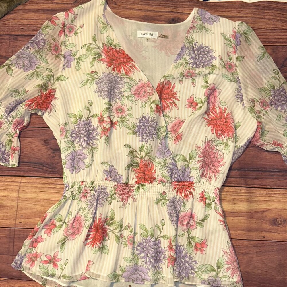 Calvin Klein Floral Wrap-Front Peplum Blouse - Sheer Striped Details